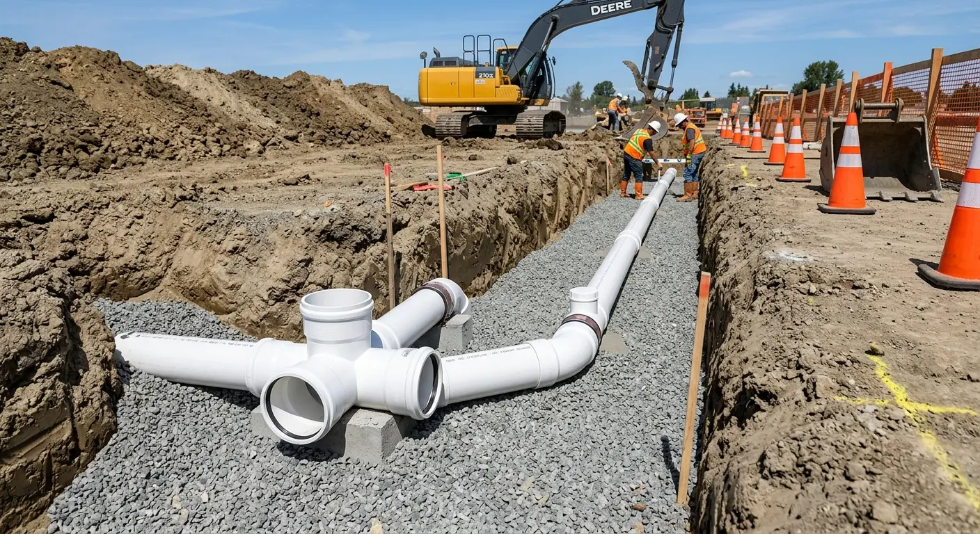 New PVC sewer pipe installation in open trench for Sewer Backup in Peoria